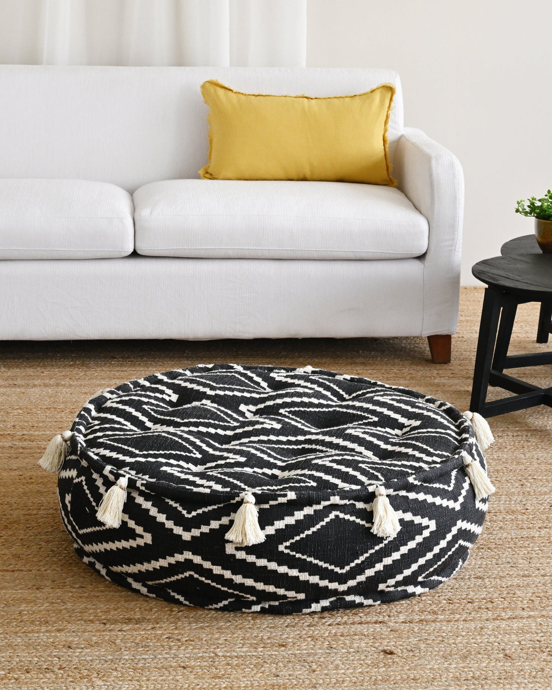 Round Raw Cotton Pouf with Tassels - Black