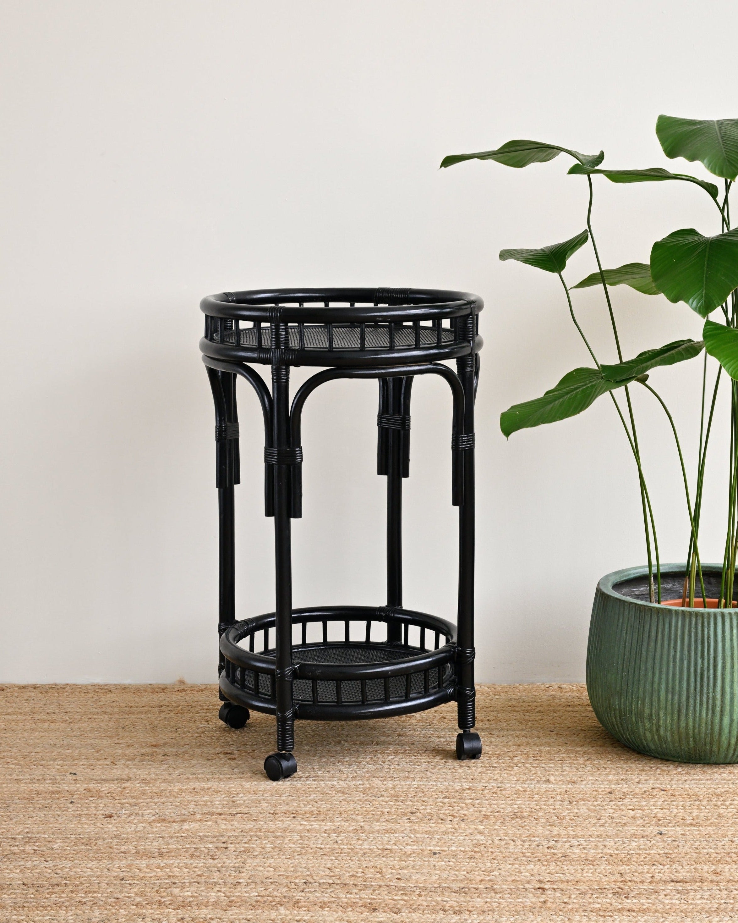Sunshine Round Rattan Bar Cart - Black