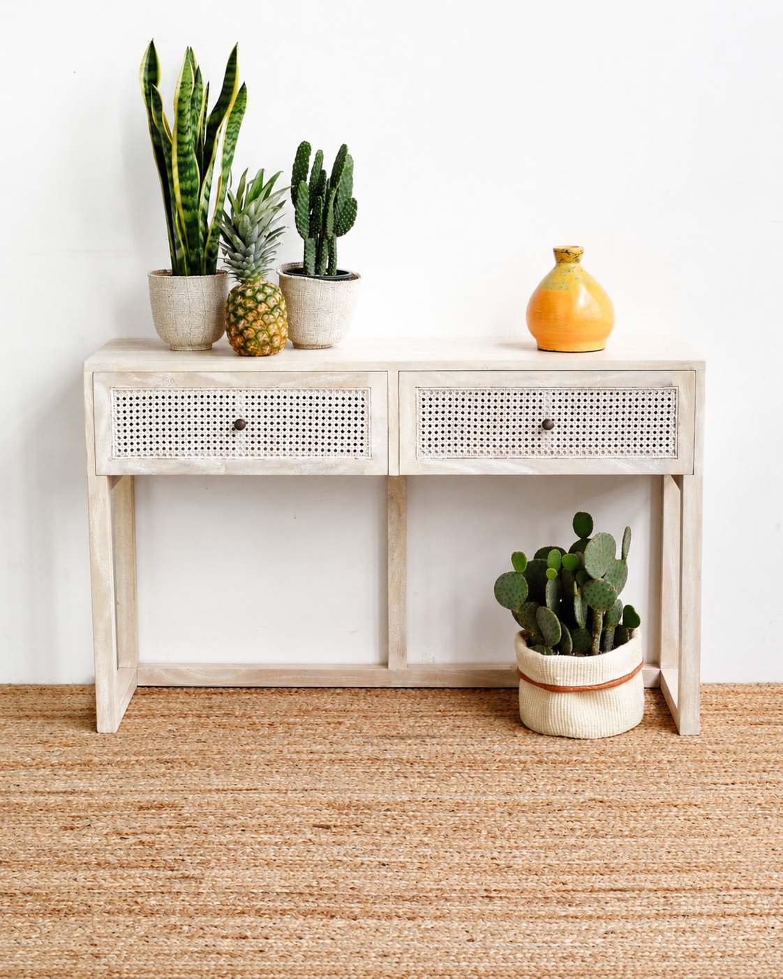 Console table with plants on a wooden floor