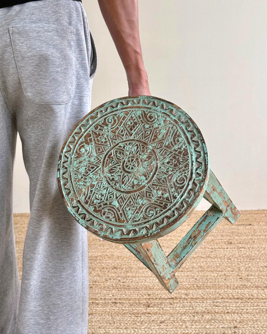 Green Hand Carved Stool