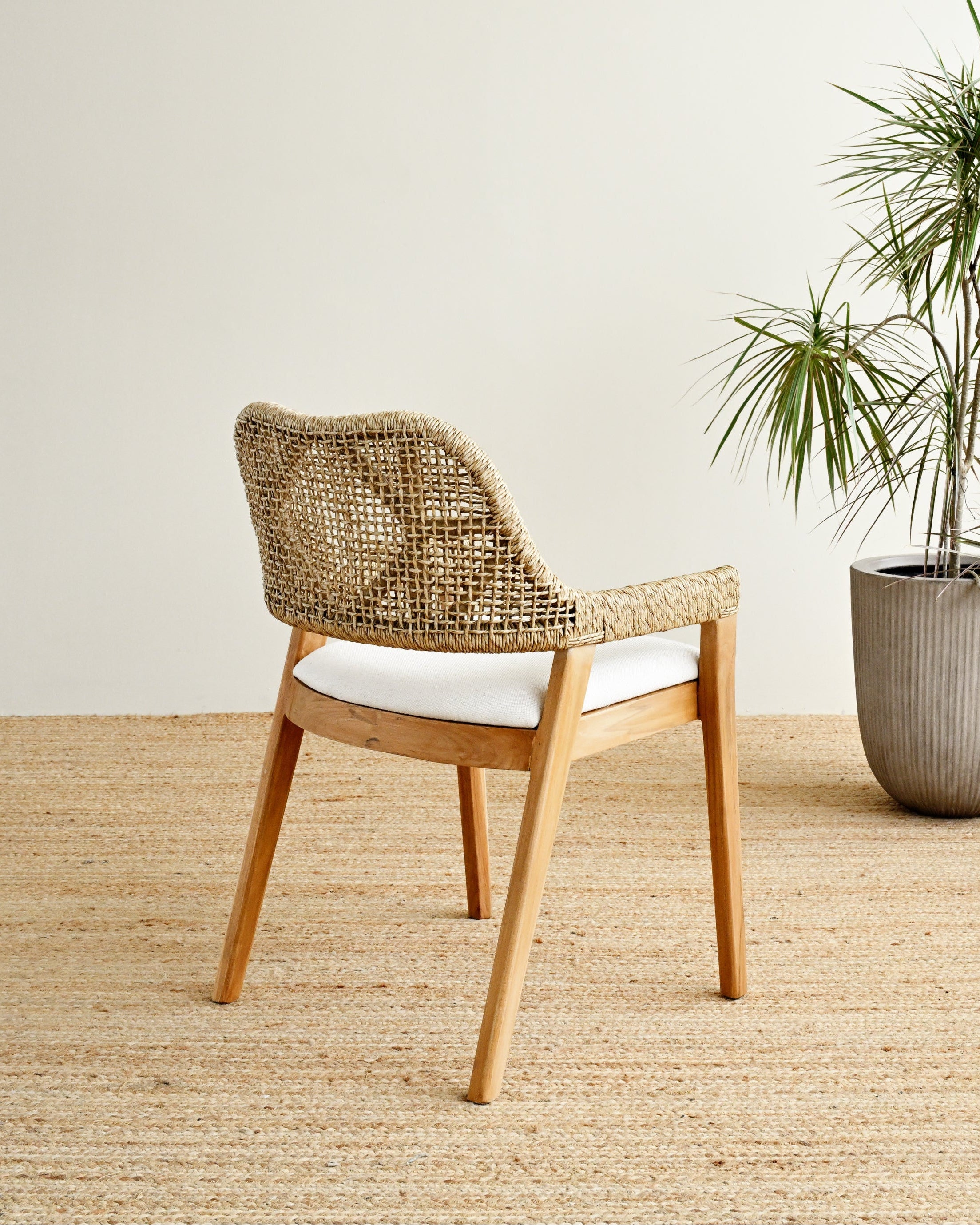 Wooden chair with wicker backrest and white cushion next to a potted plant on a wooden floor.