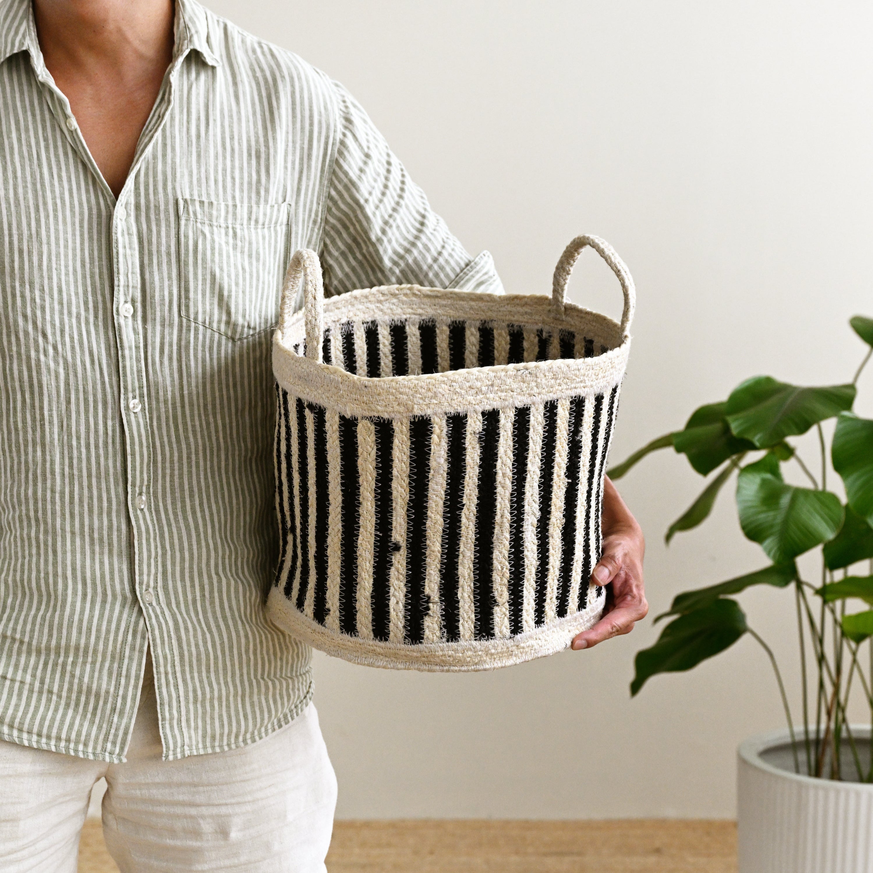 Noir Jute Striped Basket