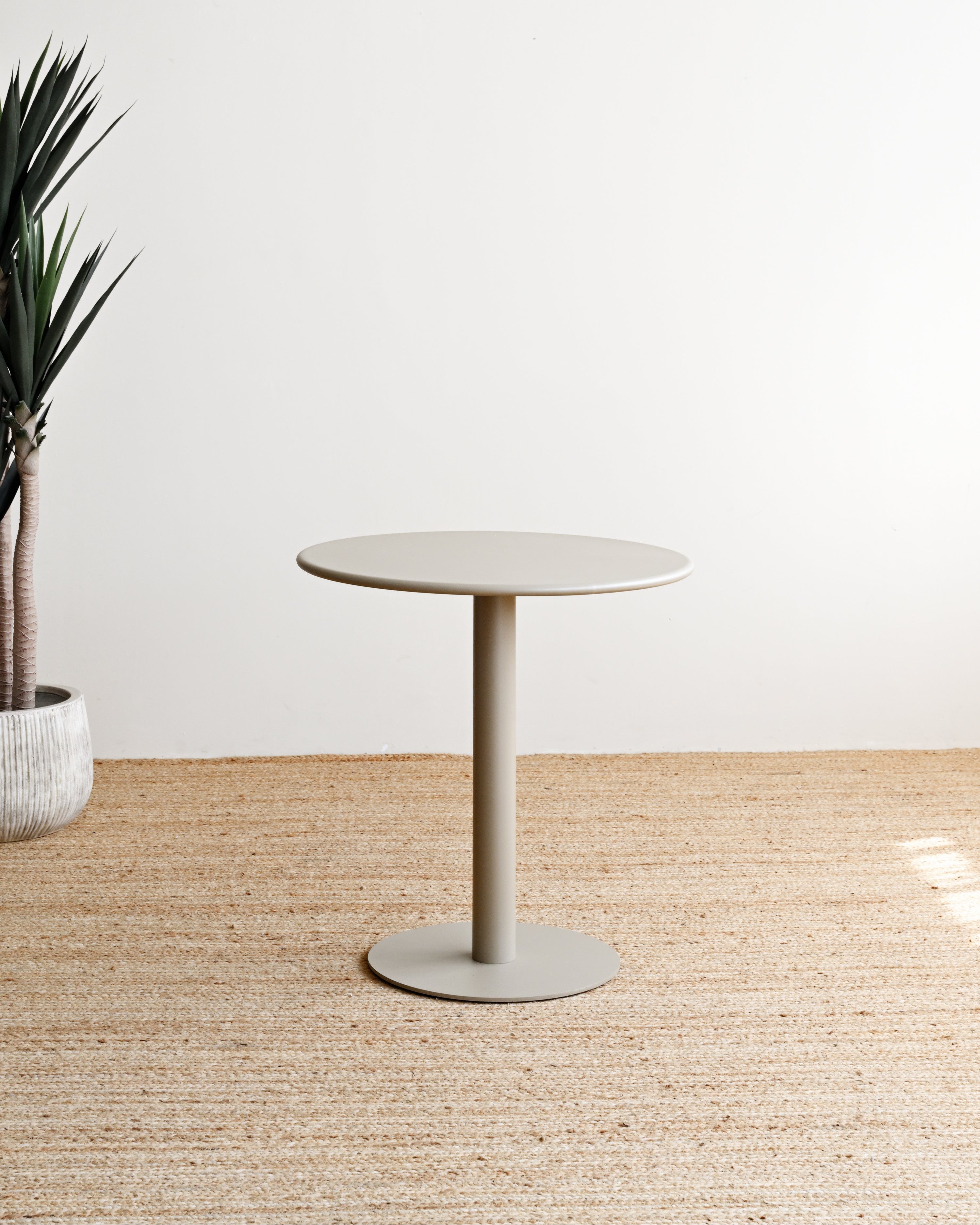 Round side table with a plant on a wooden floor against a white wall