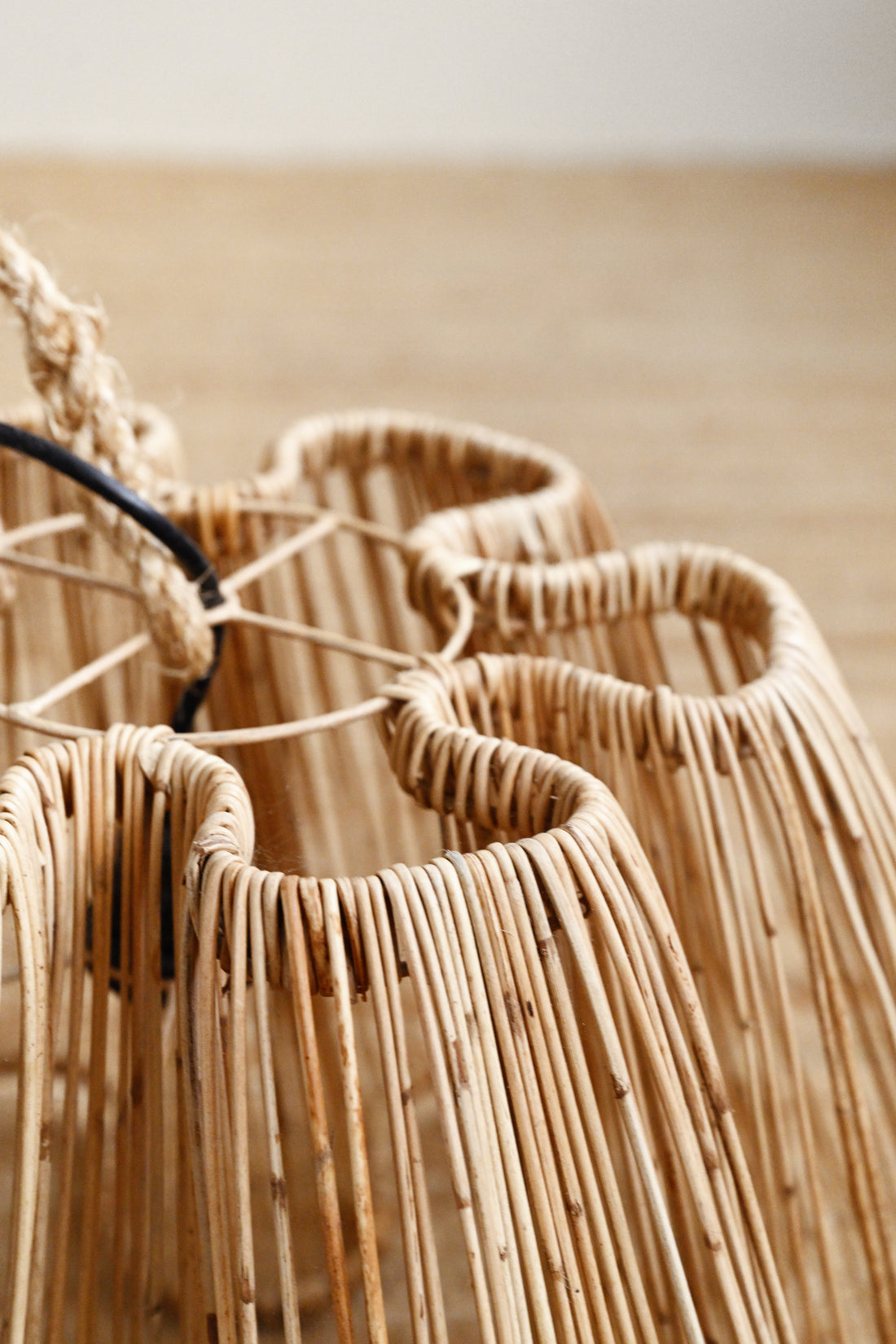 Close-up of woven baskets on a wooden surface