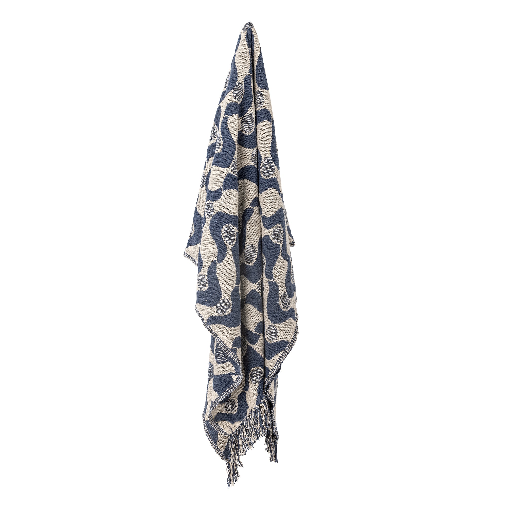 Blue and beige patterned throw blanket on a white background