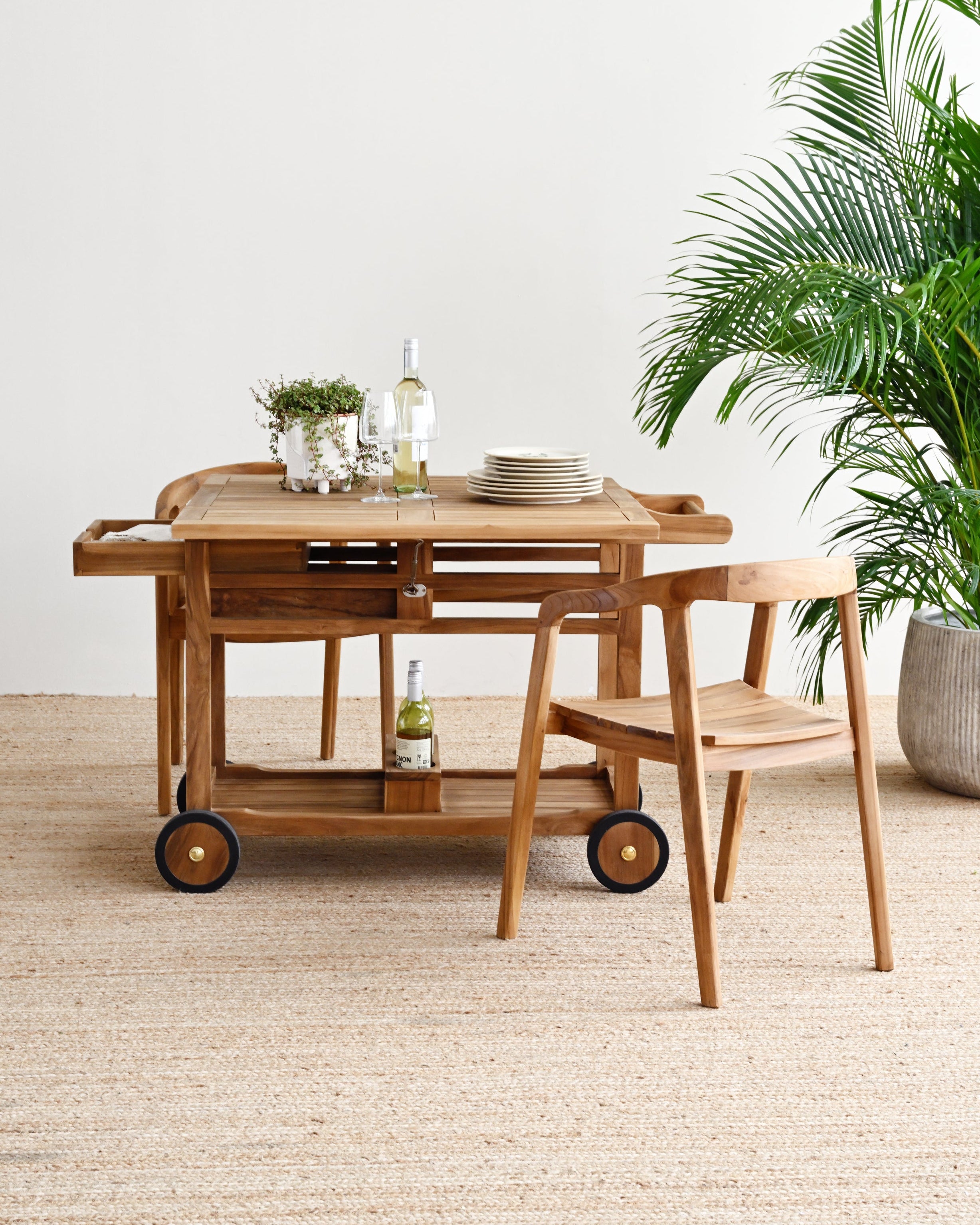 Wooden dining table with chairs and a plant in a minimalistic room.