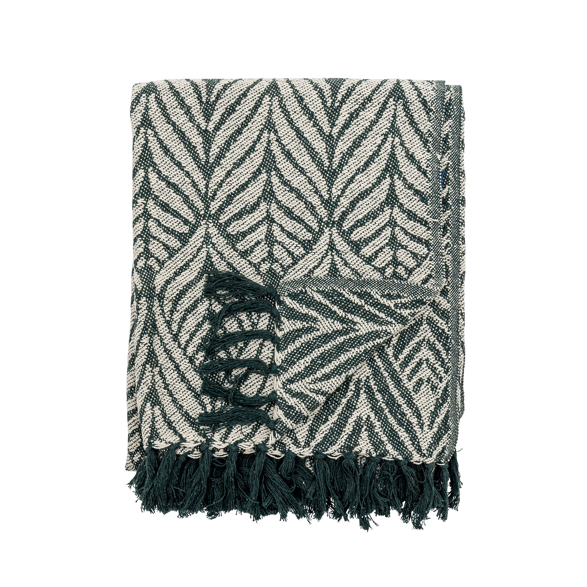 Black and white patterned throw blanket with fringes on a white background