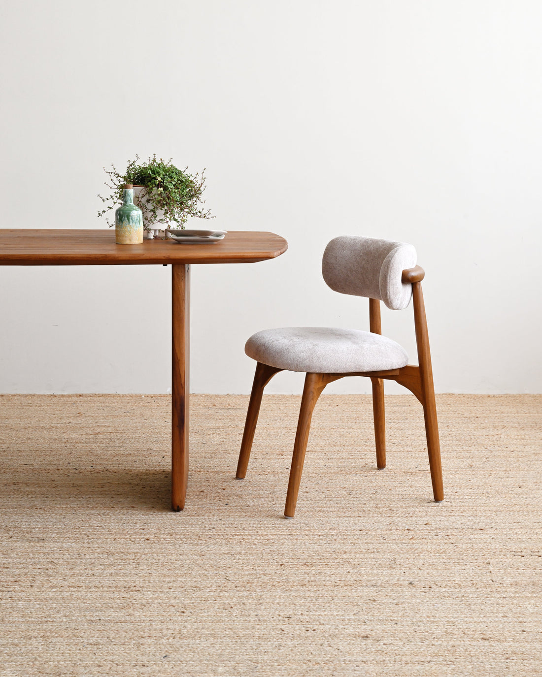 Wooden table with a plant and a chair on a beige carpet against a white wall