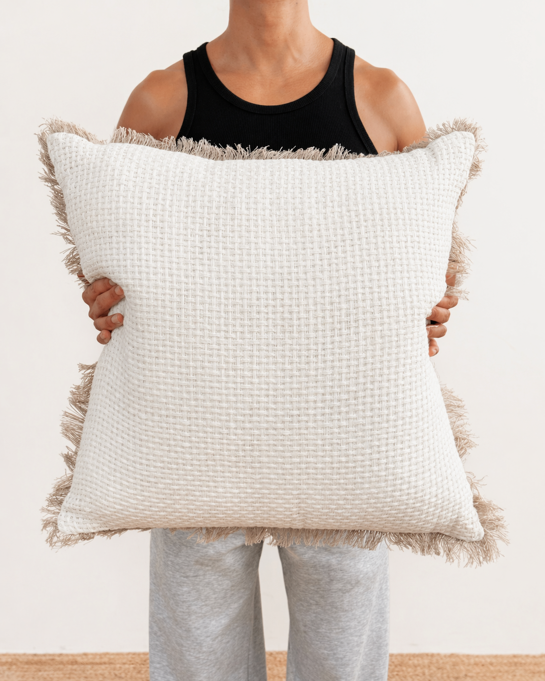 White Natural Textured Fringed Cushion Cover - 55cm x 55cm