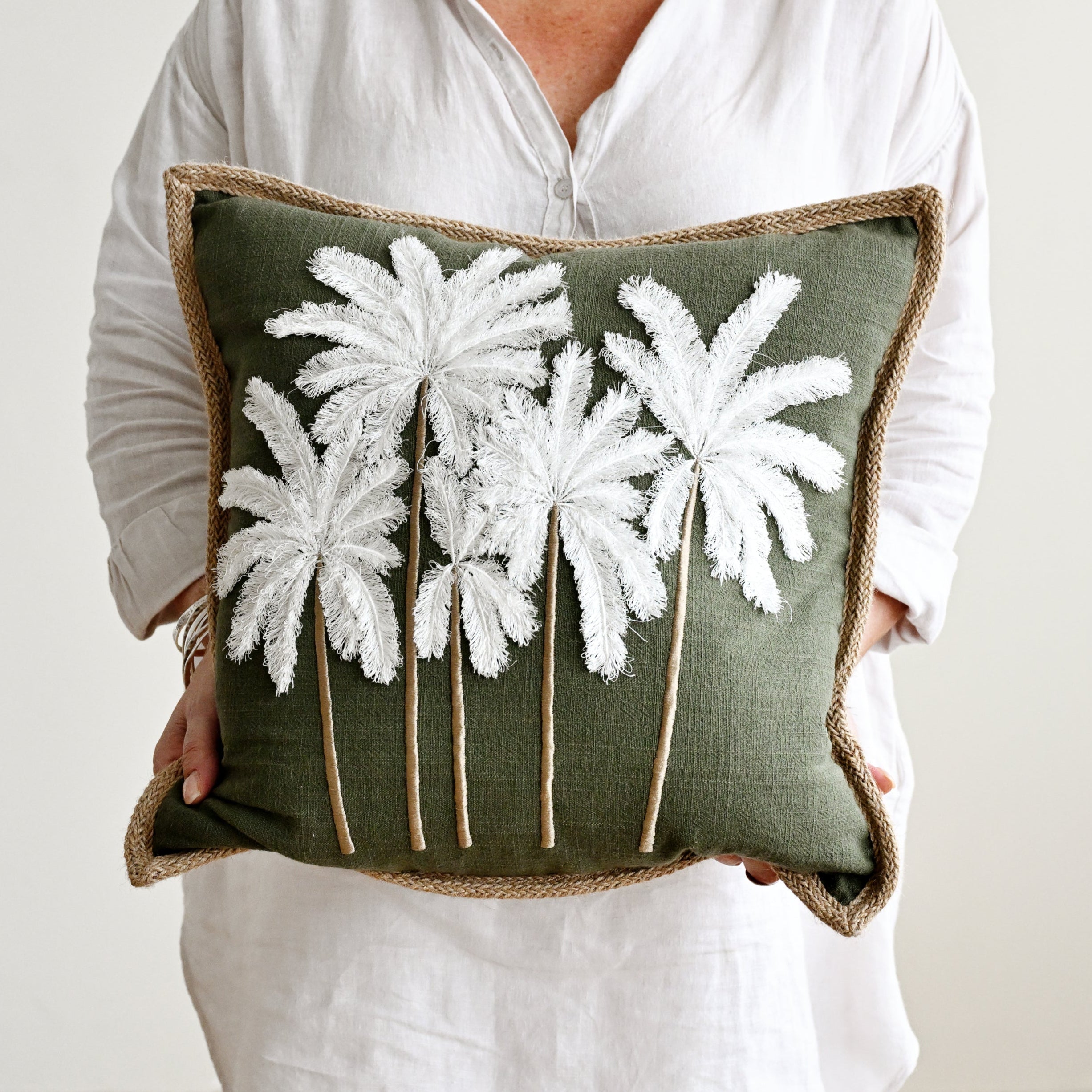 White Green Linen Bali Palms Cushion 45cm x 45cm 4