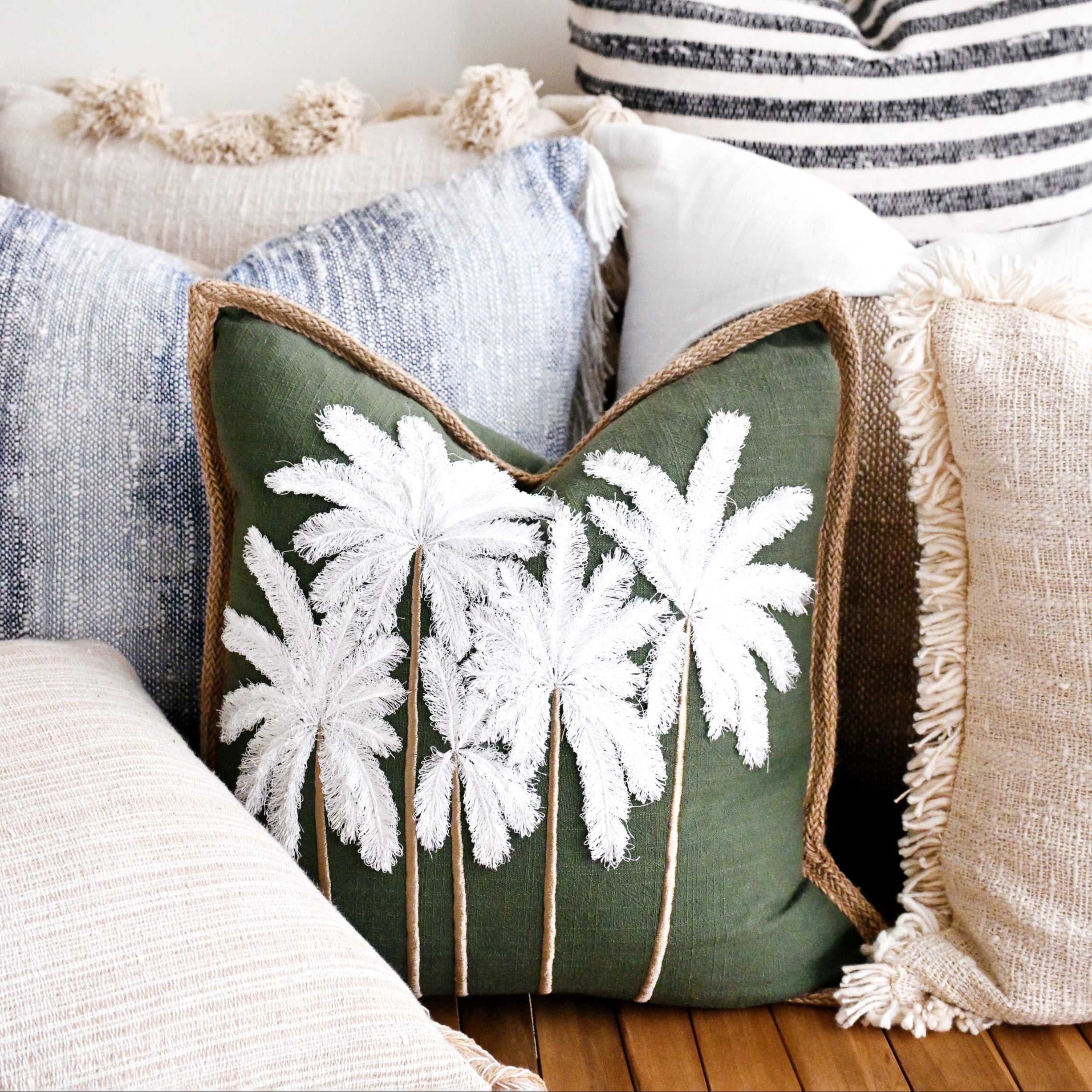 White Green Linen Bali Palms Cushion 45cm x 45cm 6