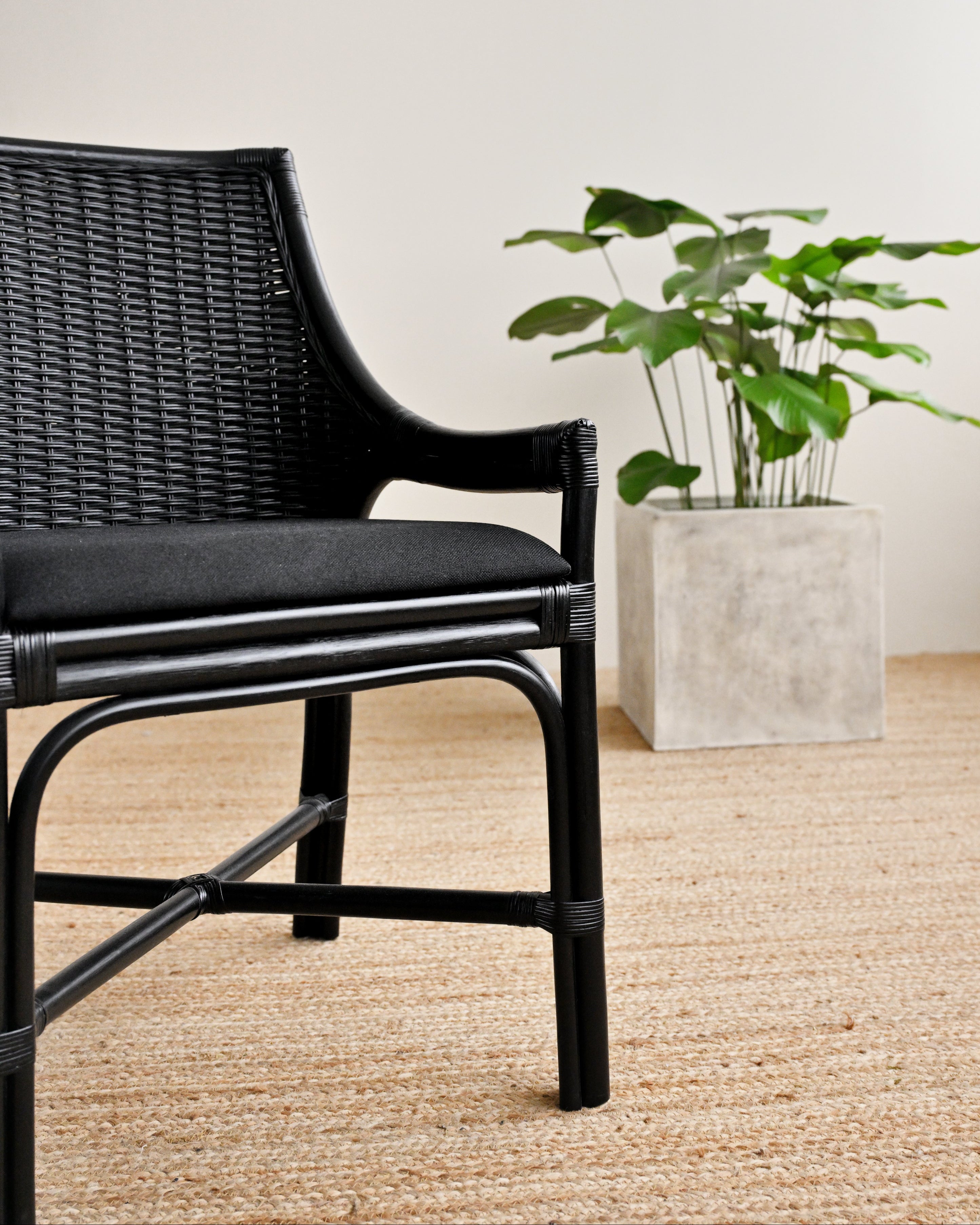 black wicker dining chair with plant pot in the background