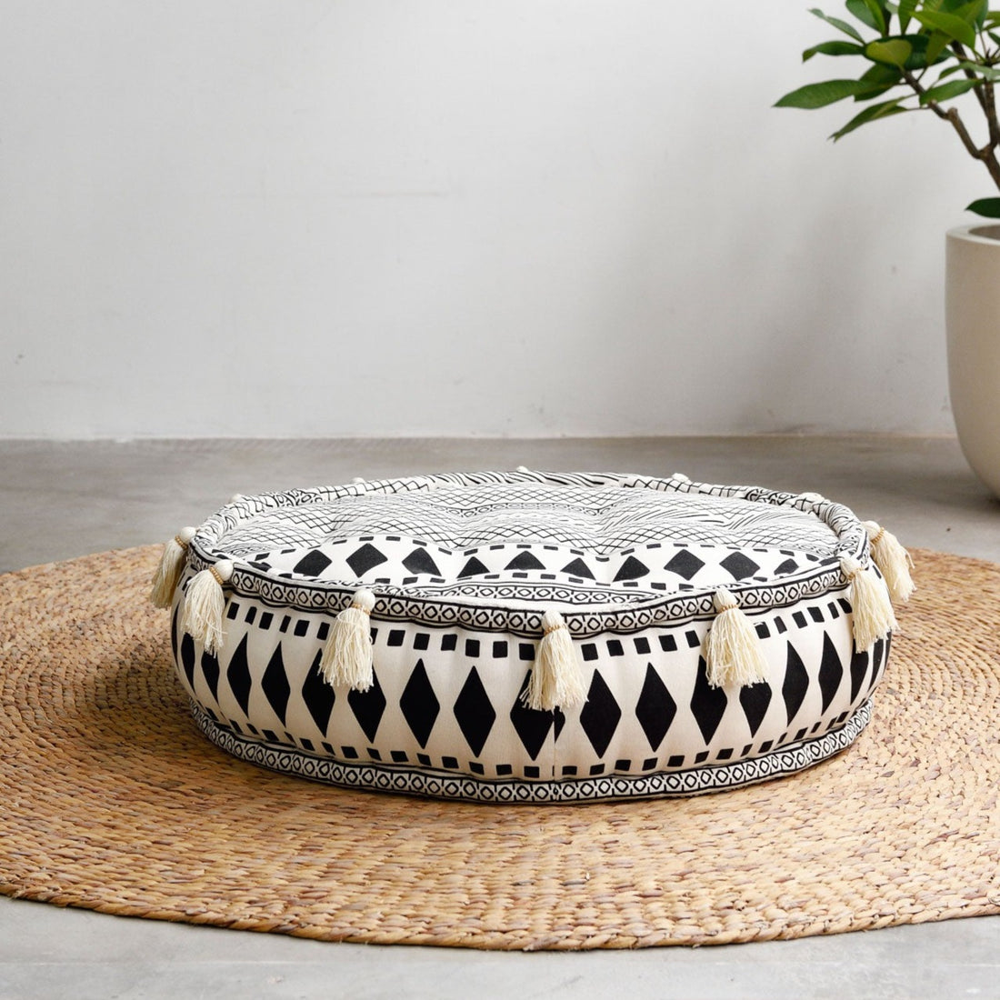 Round Aztec Linen Cotton Pouffe