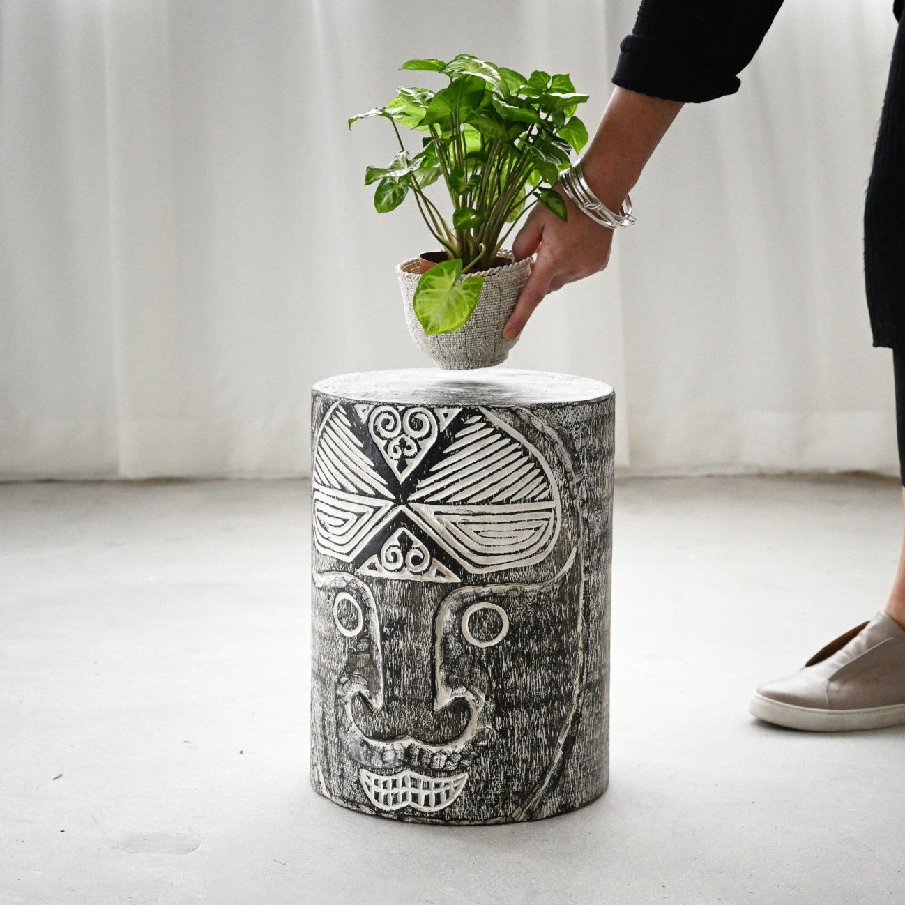 Black Hand Carved Wooden Stool