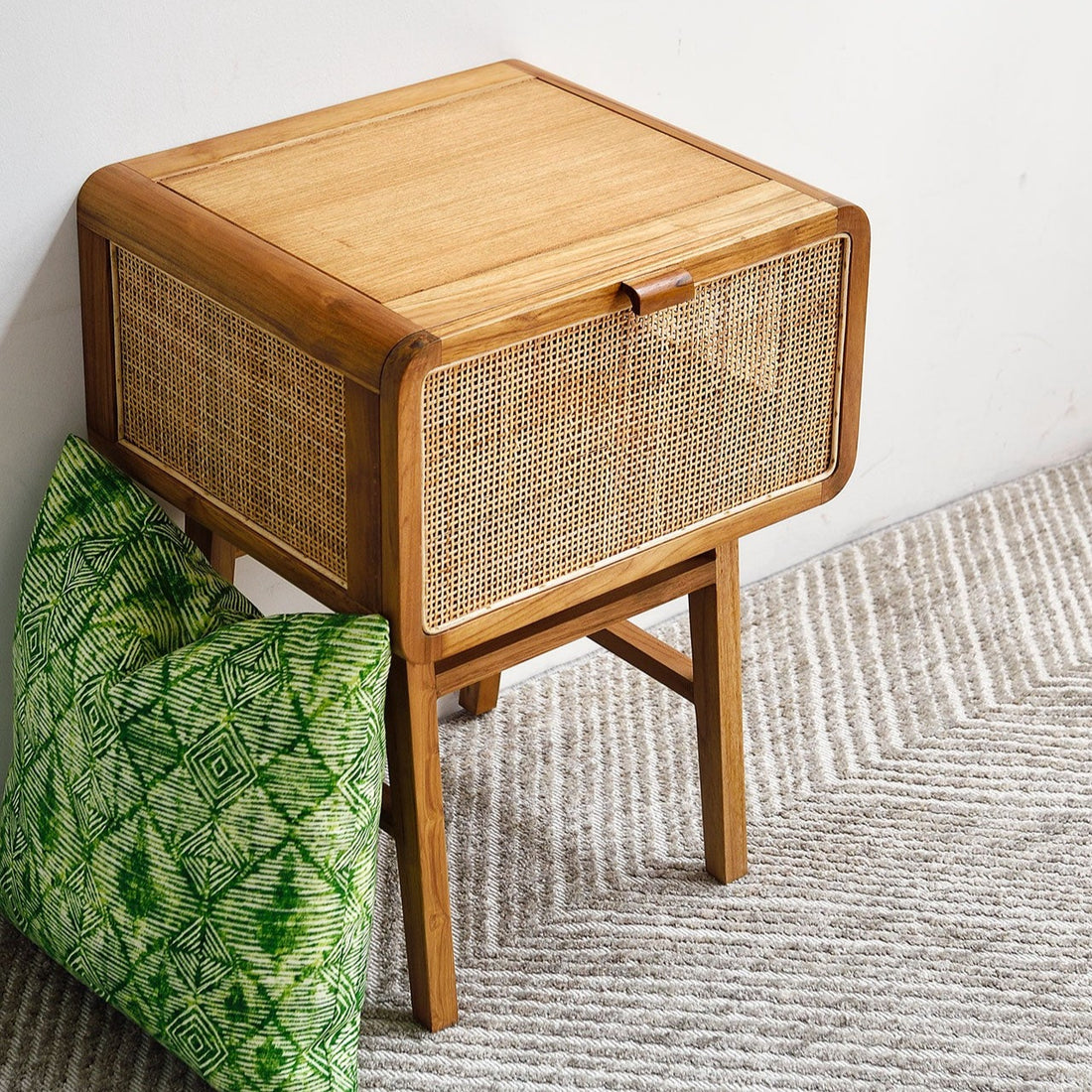 Teak and Rattan Bedside Table