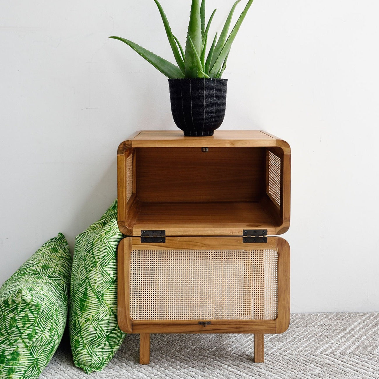 Teak and Rattan Bedside Table
