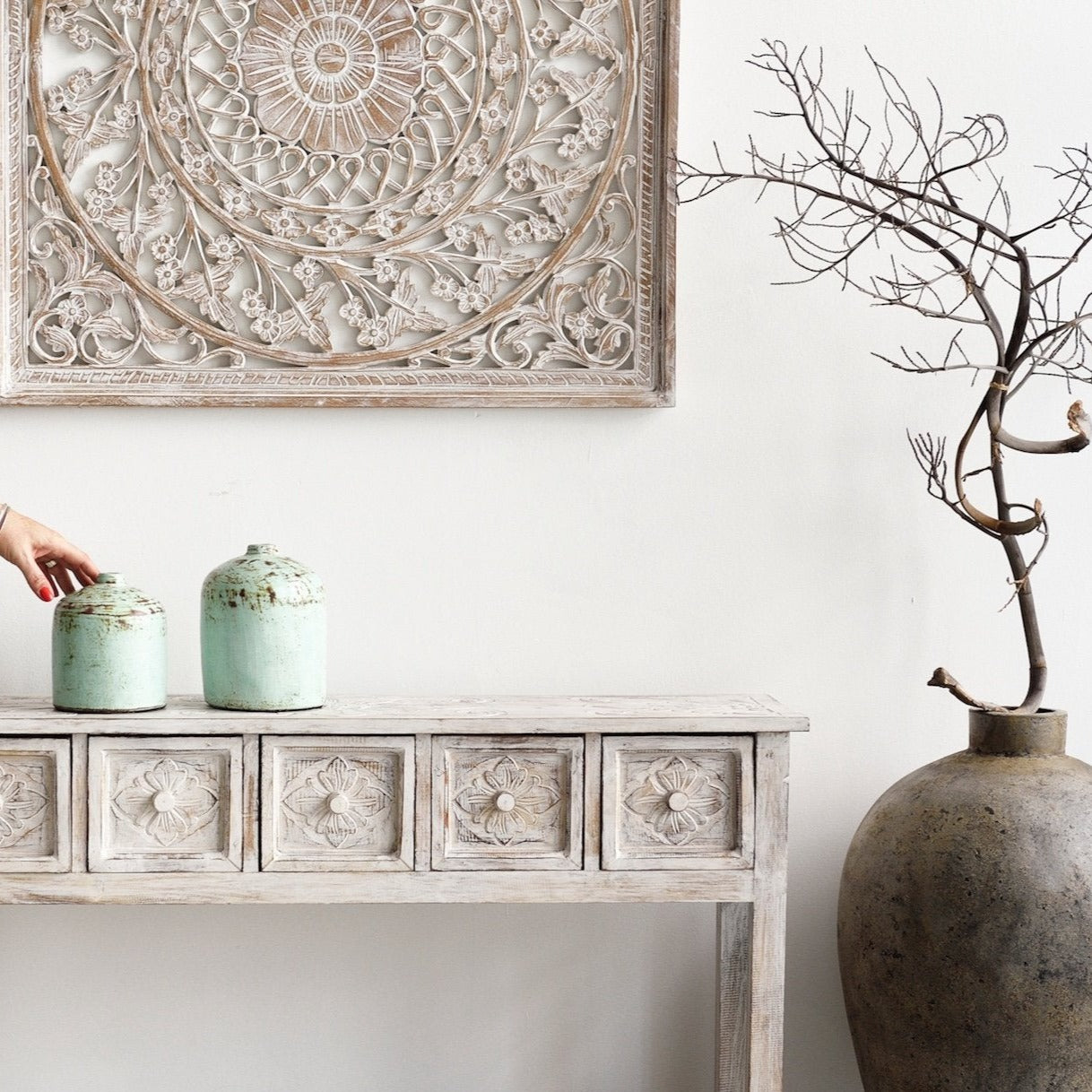 Moroccan console in white wash finish