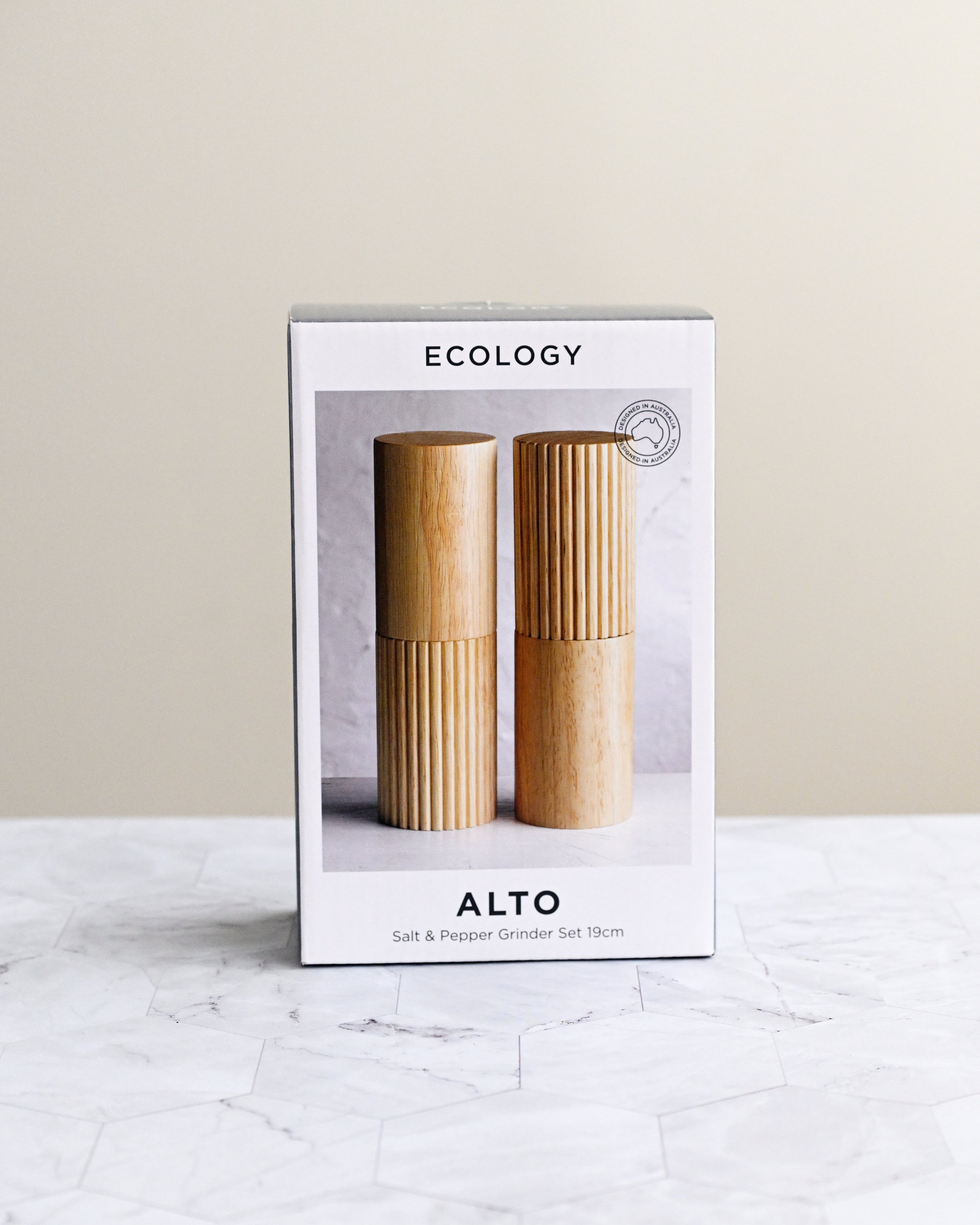 Bamboo salt and pepper shakers in a box labeled &