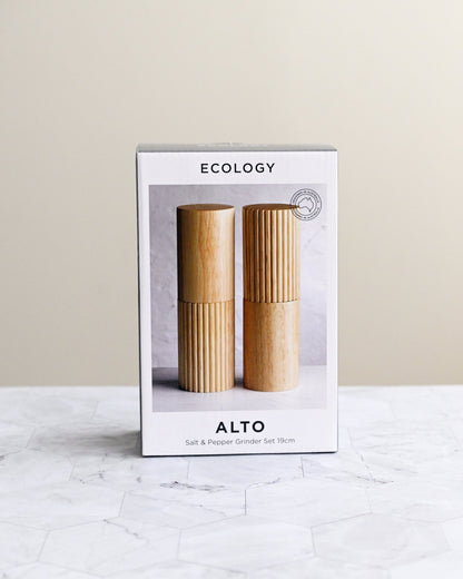 Bamboo salt and pepper shakers in a box labeled &