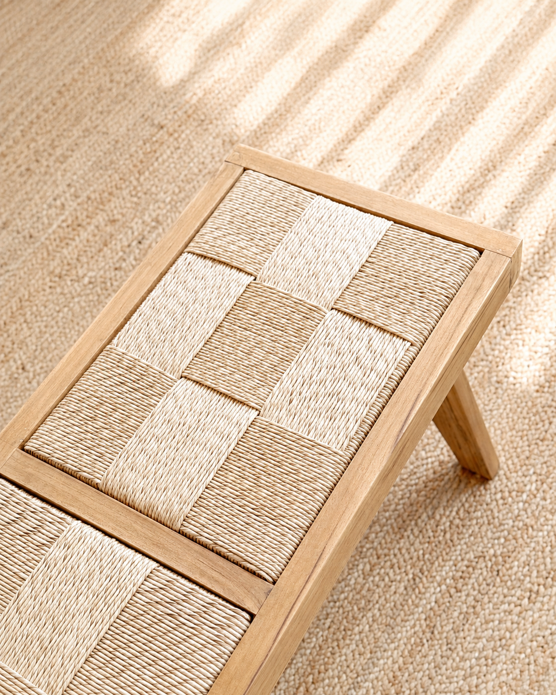 Teak bench with rattan woven