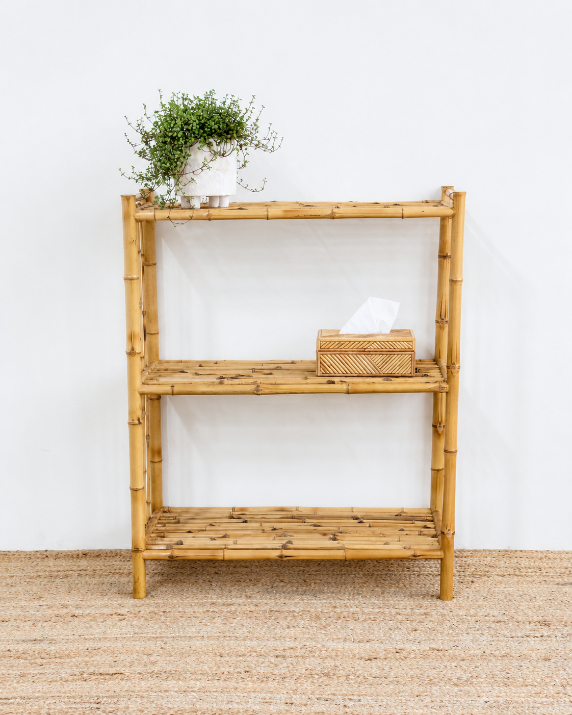 Bamboo shelf with a plant and box against a white wall