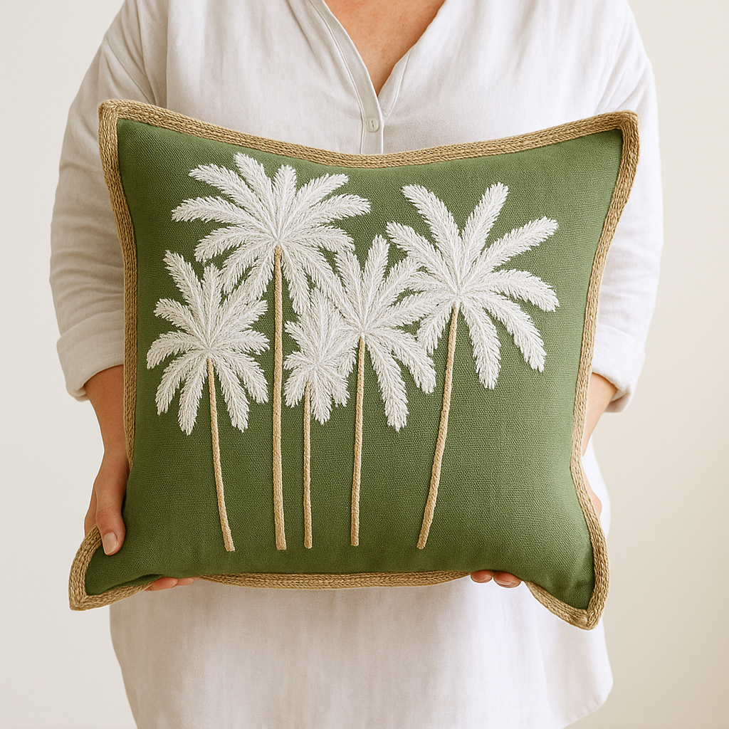 White Green Linen Bali Palms Cushion Cover 45cm x 45cm