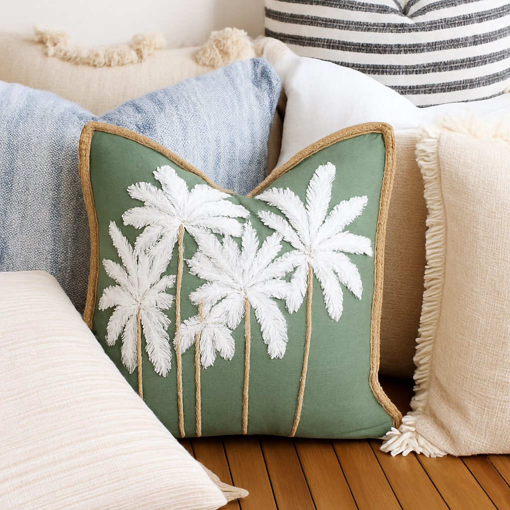 White Green Linen Bali Palms Cushion Cover 45cm x 45cm