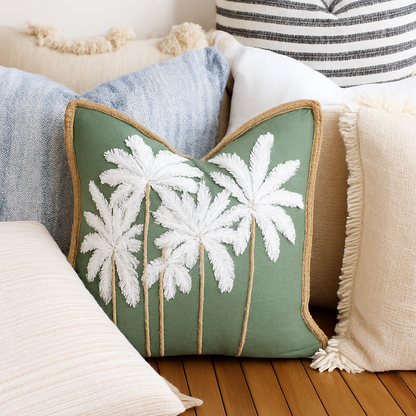 White Green Linen Bali Palms Cushion Cover 45cm x 45cm