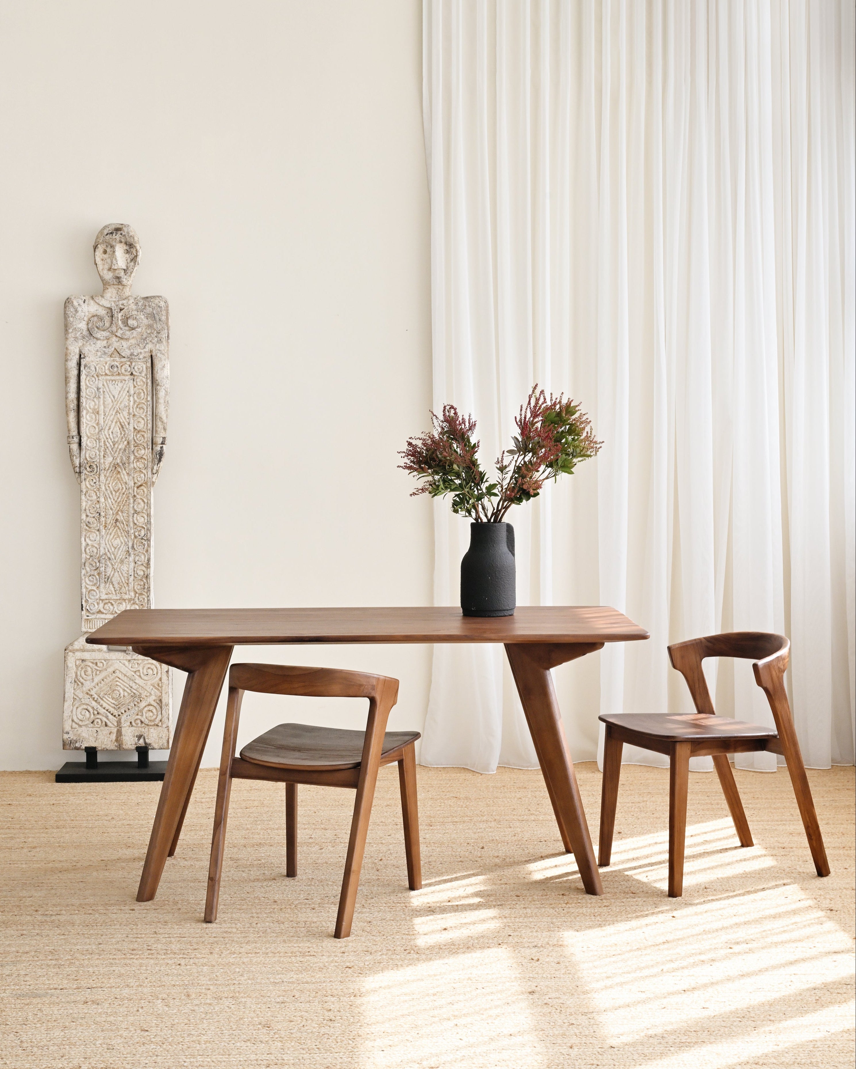 Solid Teak Dining Table, with dining chairs and decor 