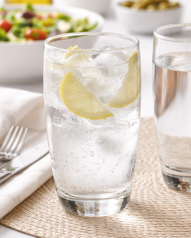 Two glasses of water with lemon slices on a table with a meal in the background