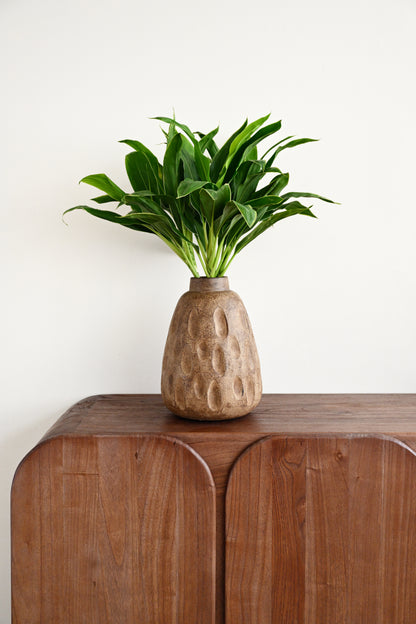 A green leafy plant in a textured beige ceramic vase, displayed on a curved wooden cabinet against a plain off-white wall.