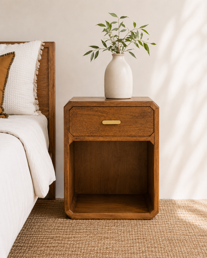 Wooden nightstand with a white vase and plant next to a bed in a bedroom setting.
