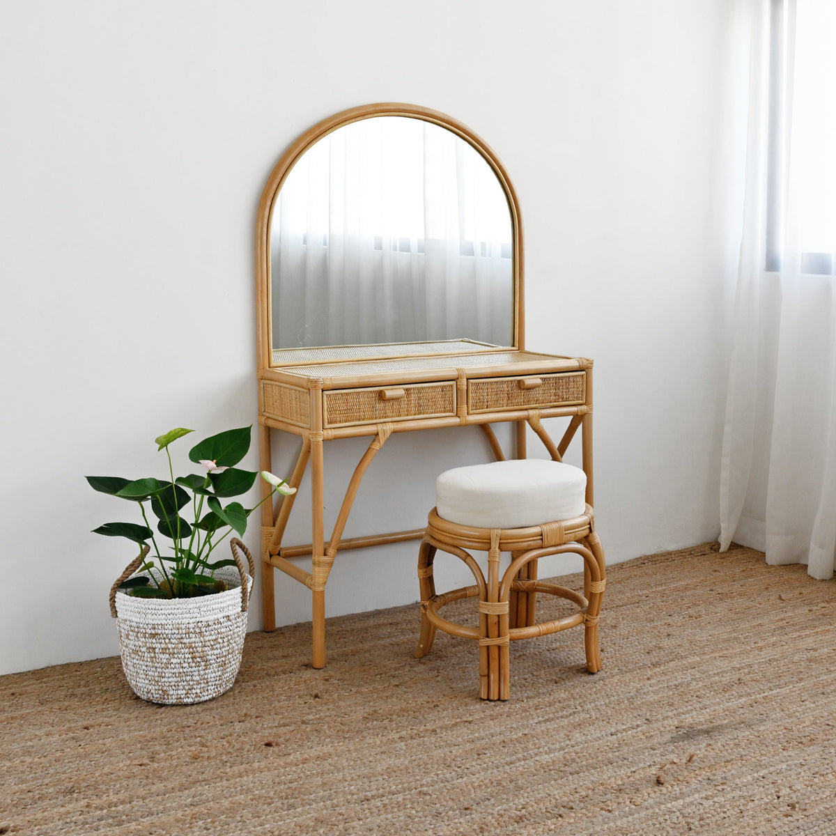 Compact Rattan Dressing Table Adult Rattan Dressing Table with Stool – Island Living