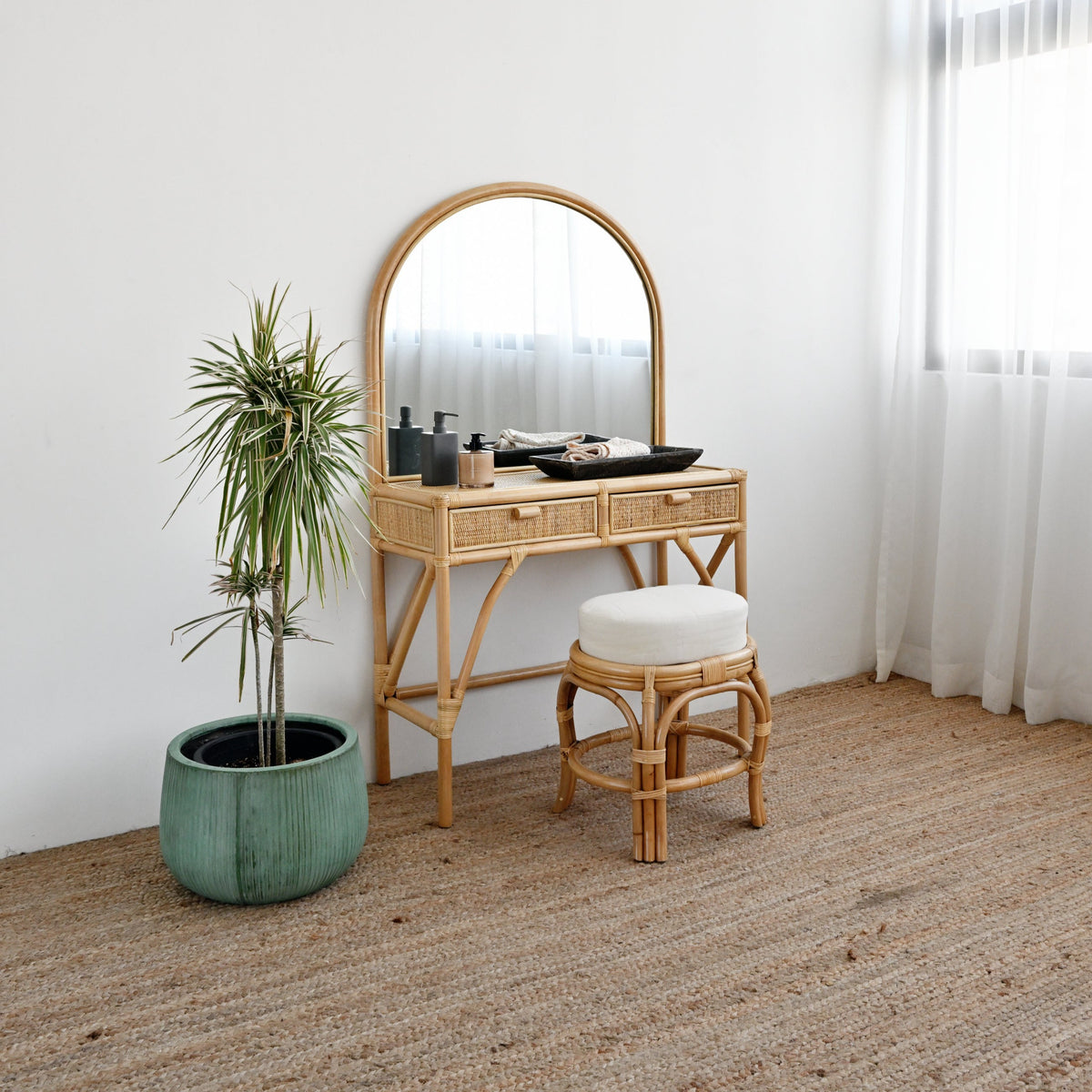 Compact Rattan Dressing Table Adult Rattan Dressing Table with Stool – Island Living