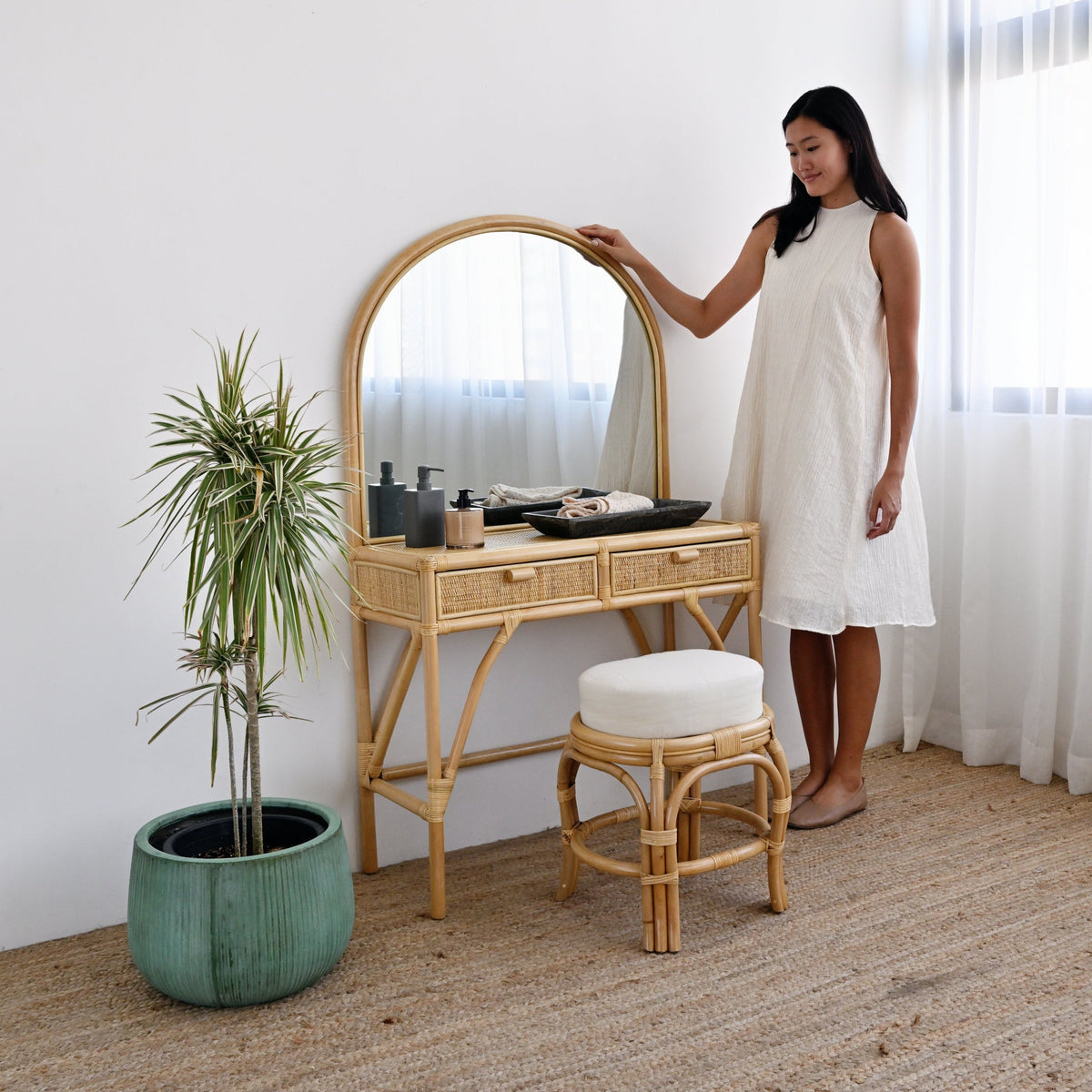 Compact Rattan Dressing Table Adult Rattan Dressing Table with Stool – Island Living