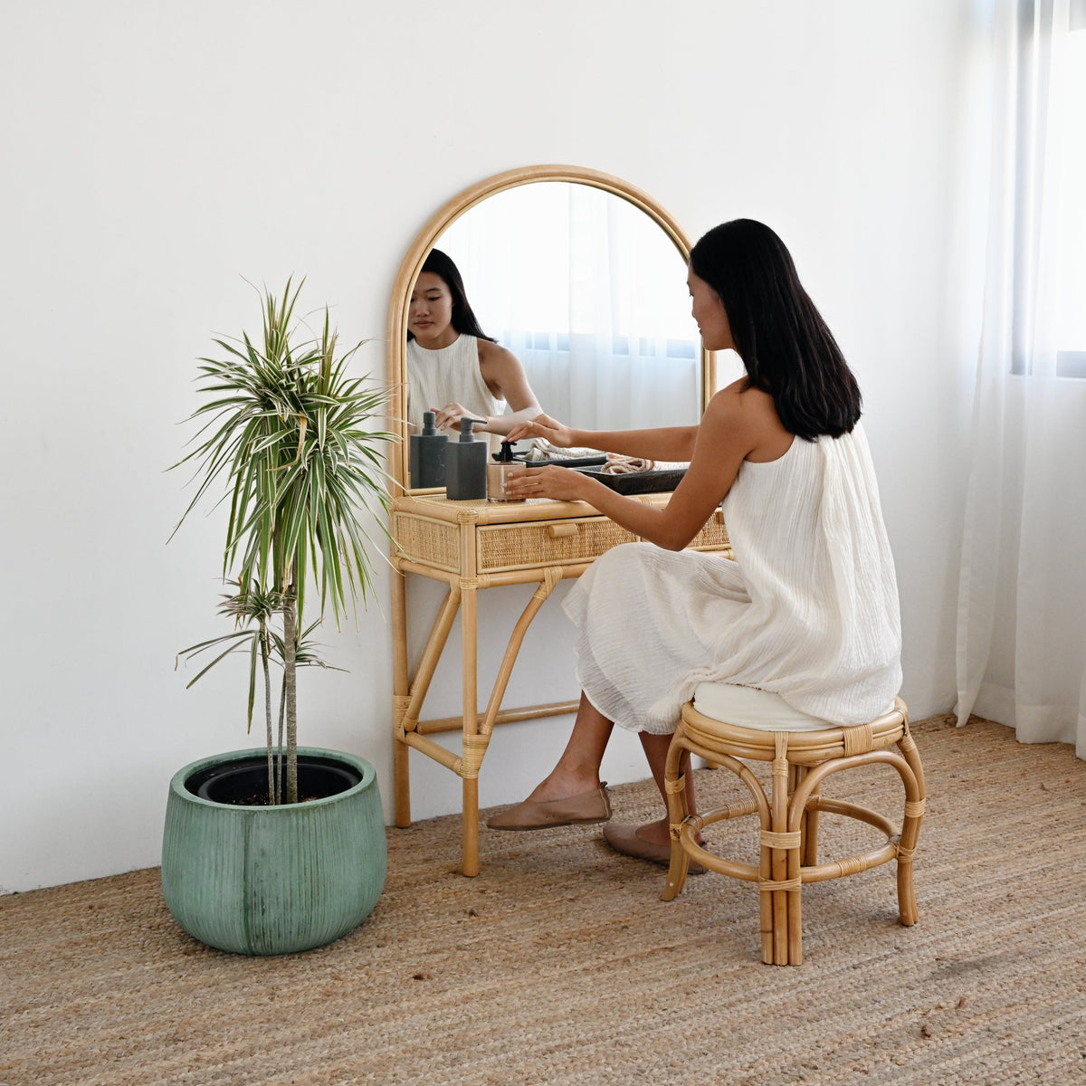 Compact Rattan Dressing Table Adult Rattan Dressing Table with Stool – Island Living
