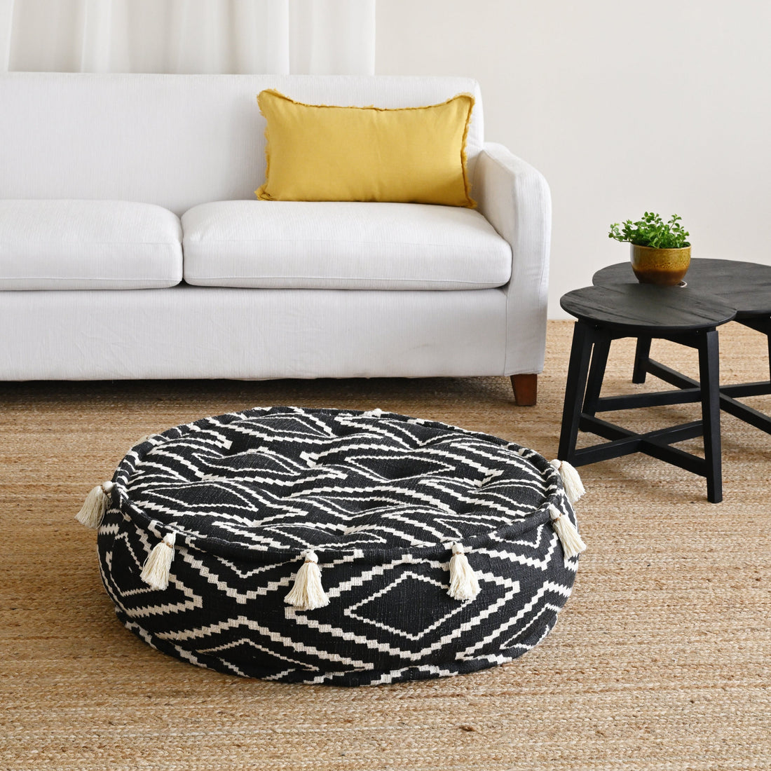 Round Raw Cotton Pouf with Tassels - Black