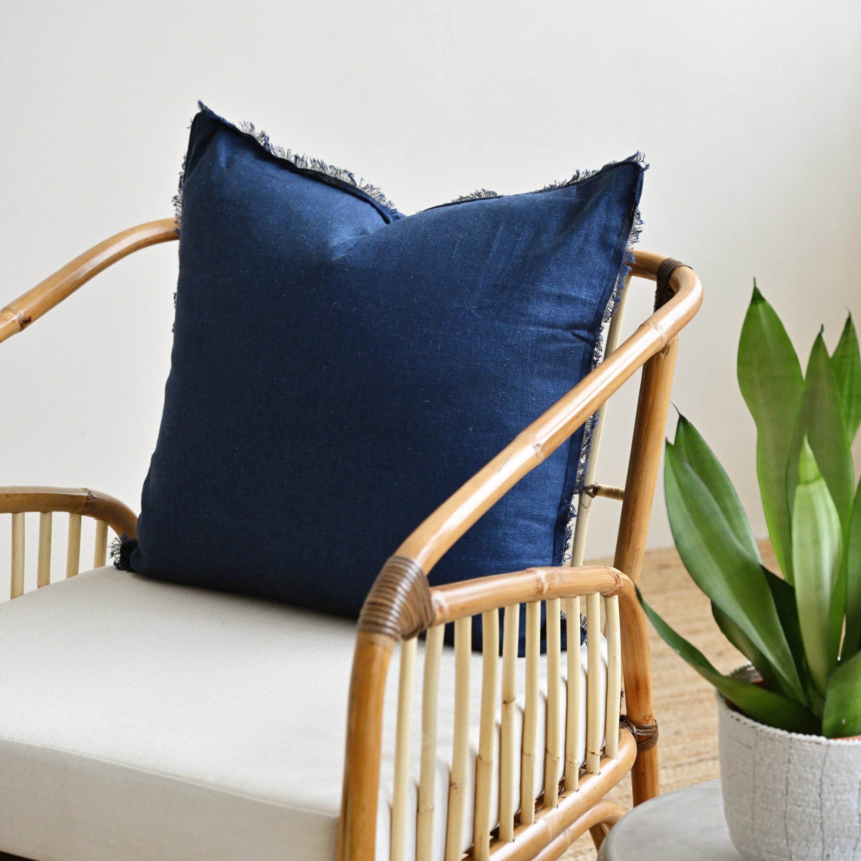 Navy Blue Freya Linen Square Cushion Cover - 55cm x 55cm