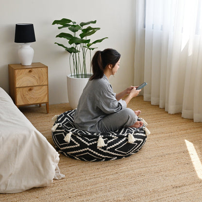 Round Raw Cotton Pouf with Tassels - Black