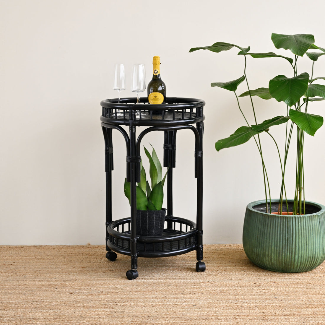 Sunshine Round Rattan Bar Cart - Black