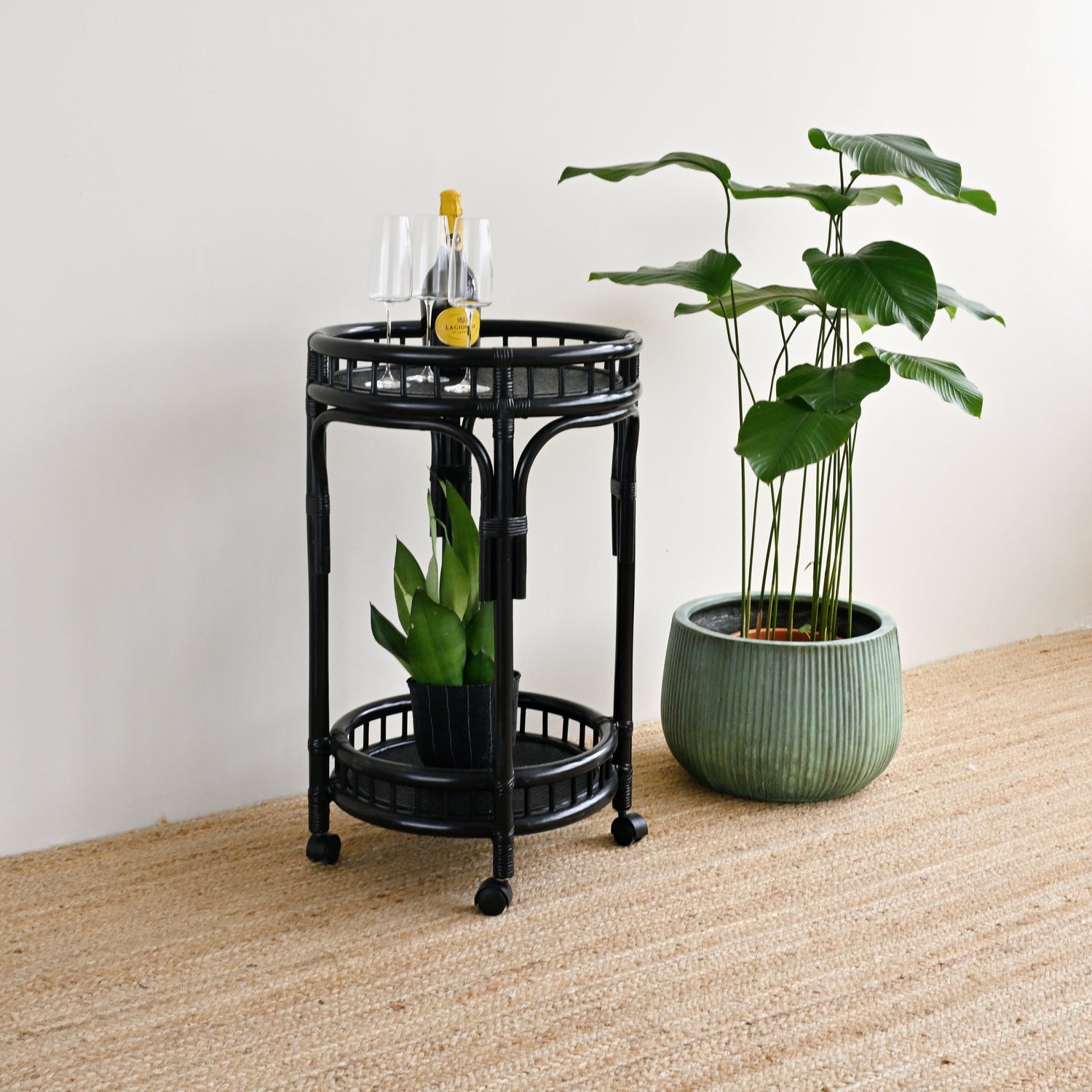 Sunshine Round Rattan Bar Cart - Black