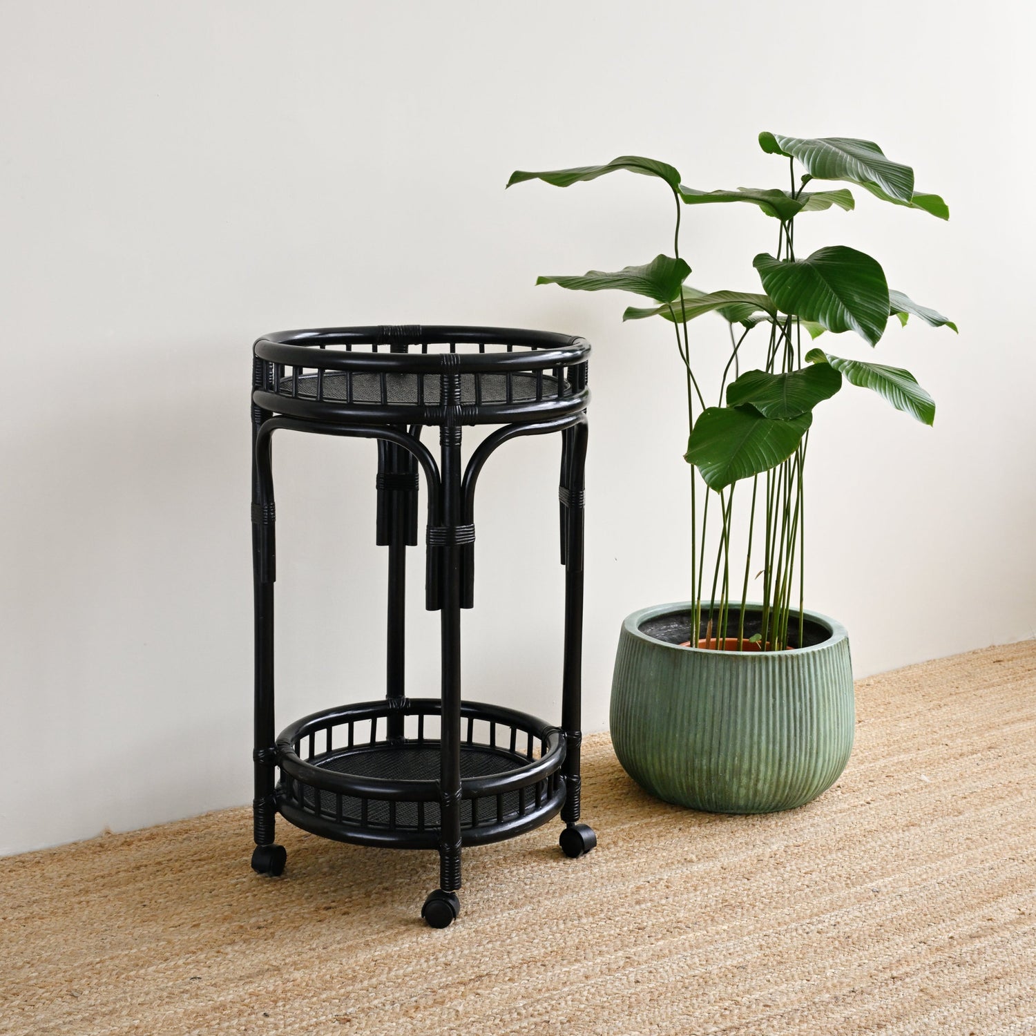 Sunshine Round Rattan Bar Cart - Black