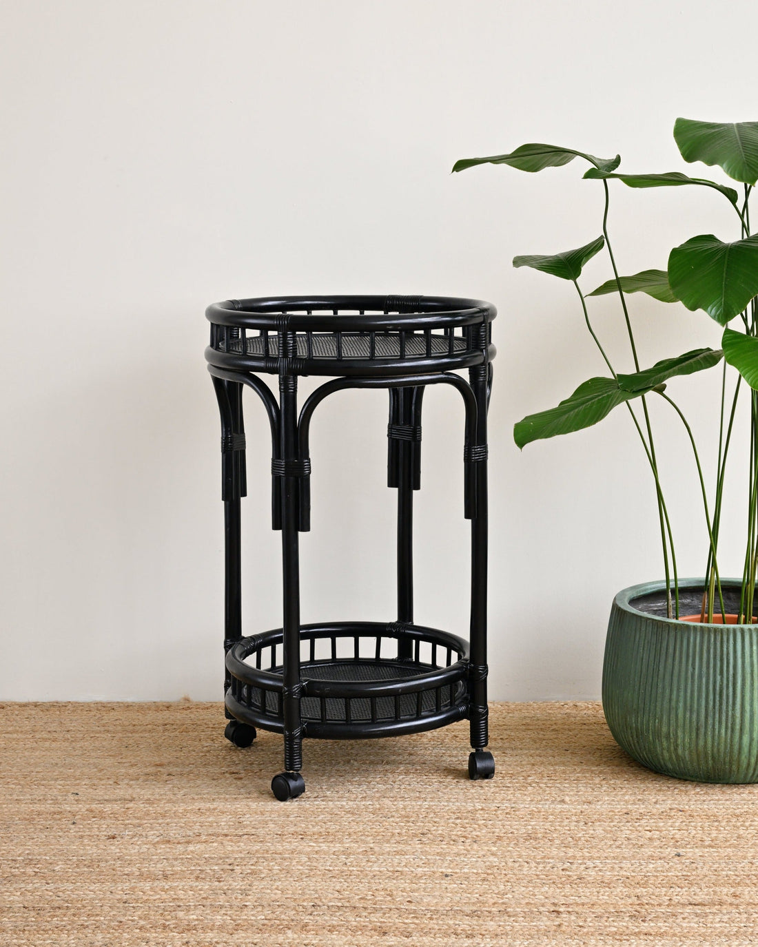 Sunshine Round Rattan Bar Cart - Black