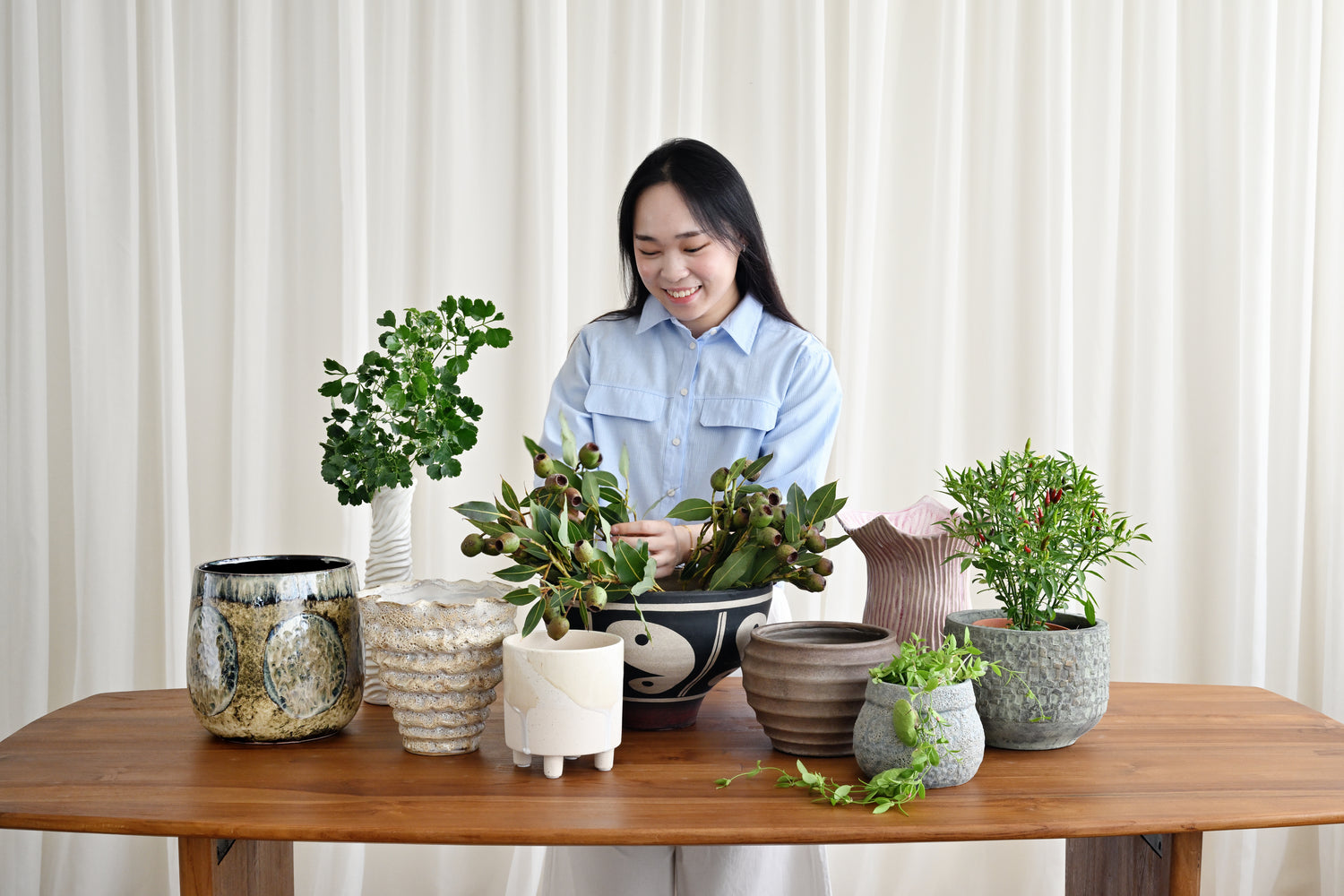 Woman arranging potted plants on a wooden table with a white curtain background