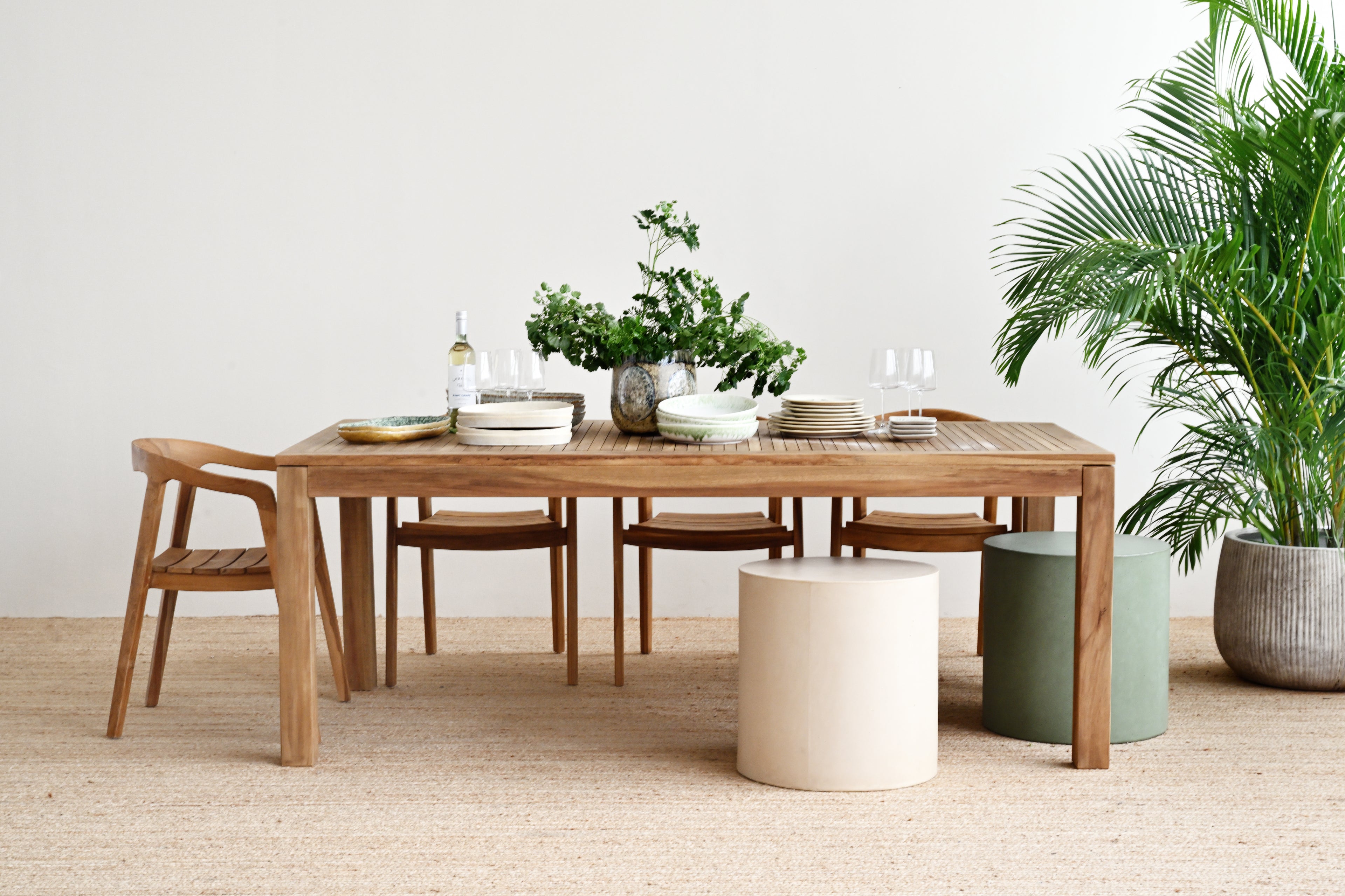Dining area with wooden table and chairs, plants, and a white wall.