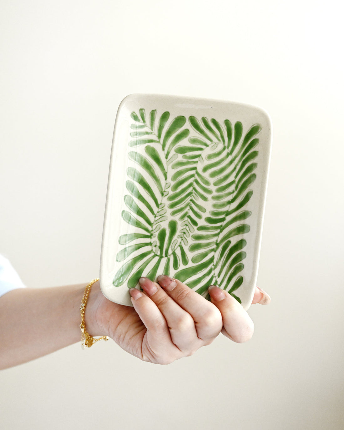 Hand holding a ceramic plate with green leaf pattern against a white background