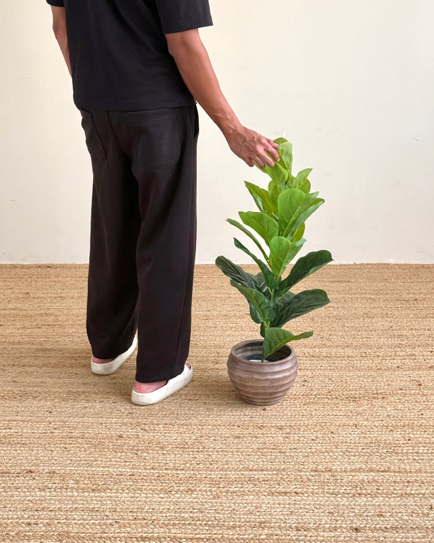 A person wearing a black t-shirt and black wide-leg pants stands beside a potted green plant on a woven beige rug against a plain cream wall.
