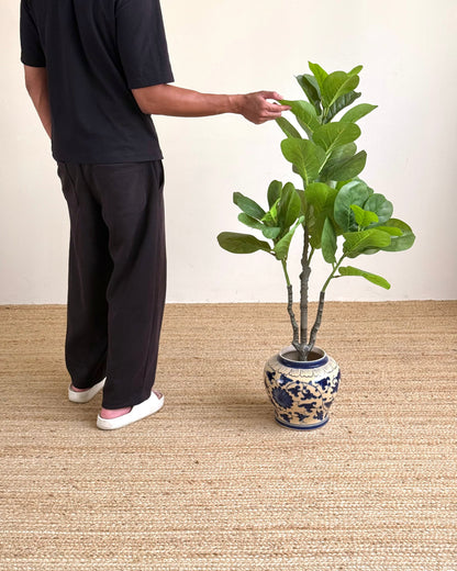 A person in a black outfit stands beside a potted fiddle-leaf fig plant in a blue and white patterned ceramic pot on a woven jute rug against a plain beige wall.