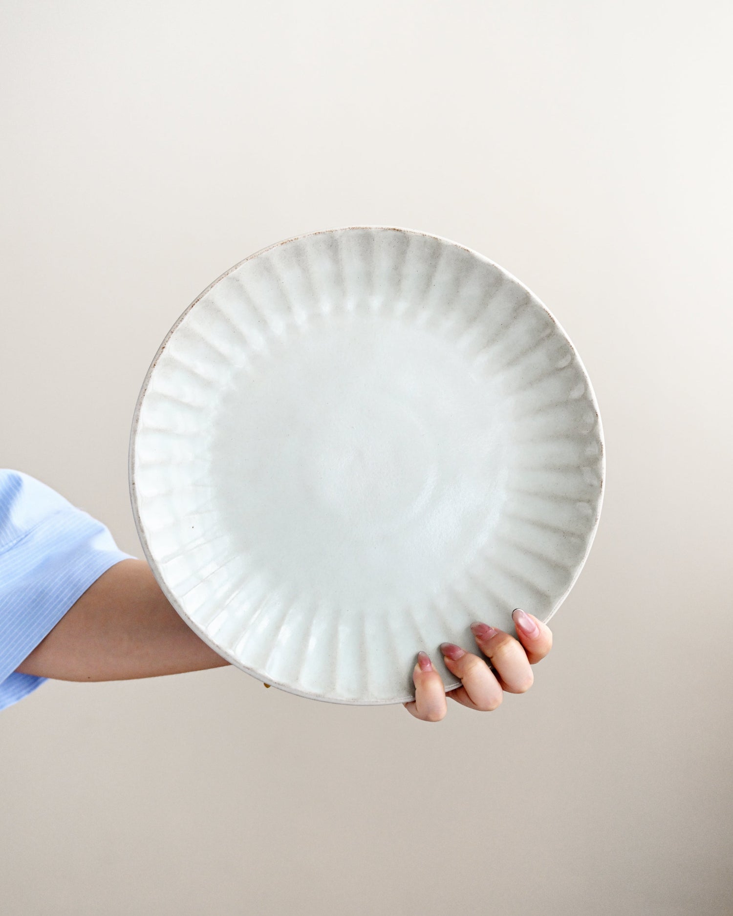 Hand holding a white ceramic plate with decorative rim against a plain background