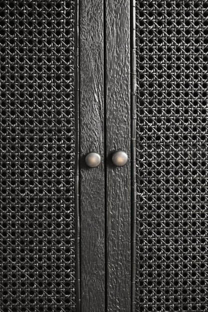 Close-up of a textured black cabinet with two knobs.
